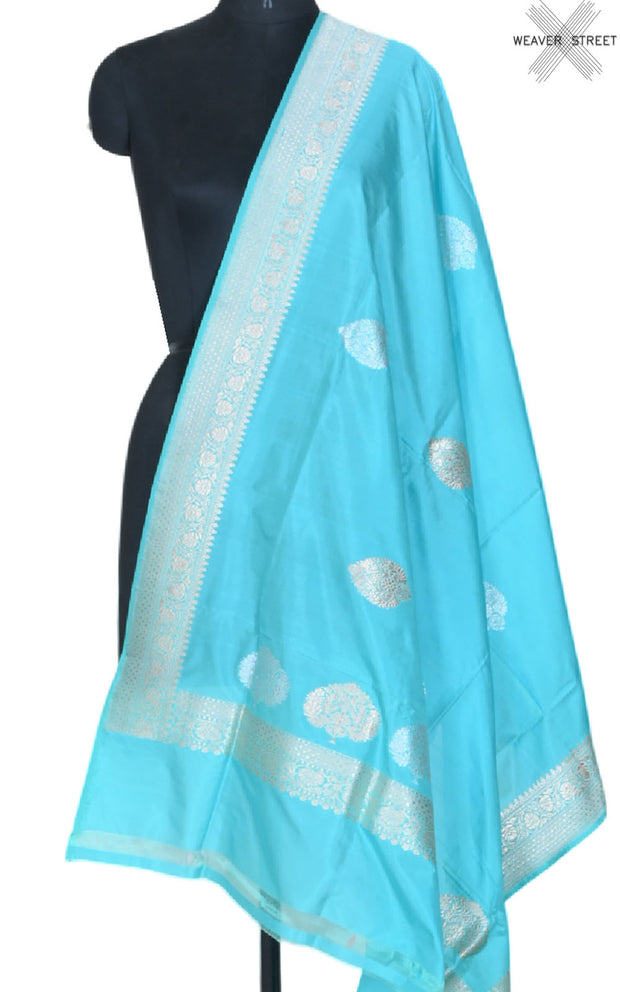 Turquoise Katan silk handwoven Banarasi dupatta with leaf shape buta (1) main