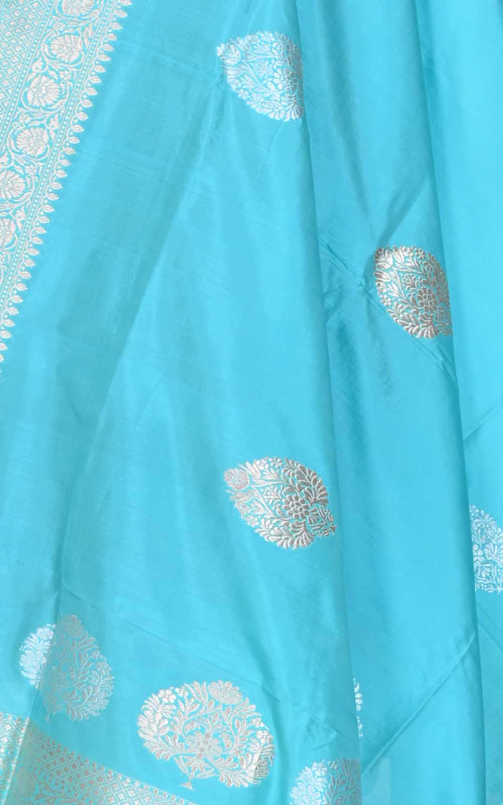 Turquoise Katan silk handwoven Banarasi dupatta with leaf shape buta (2) closeup