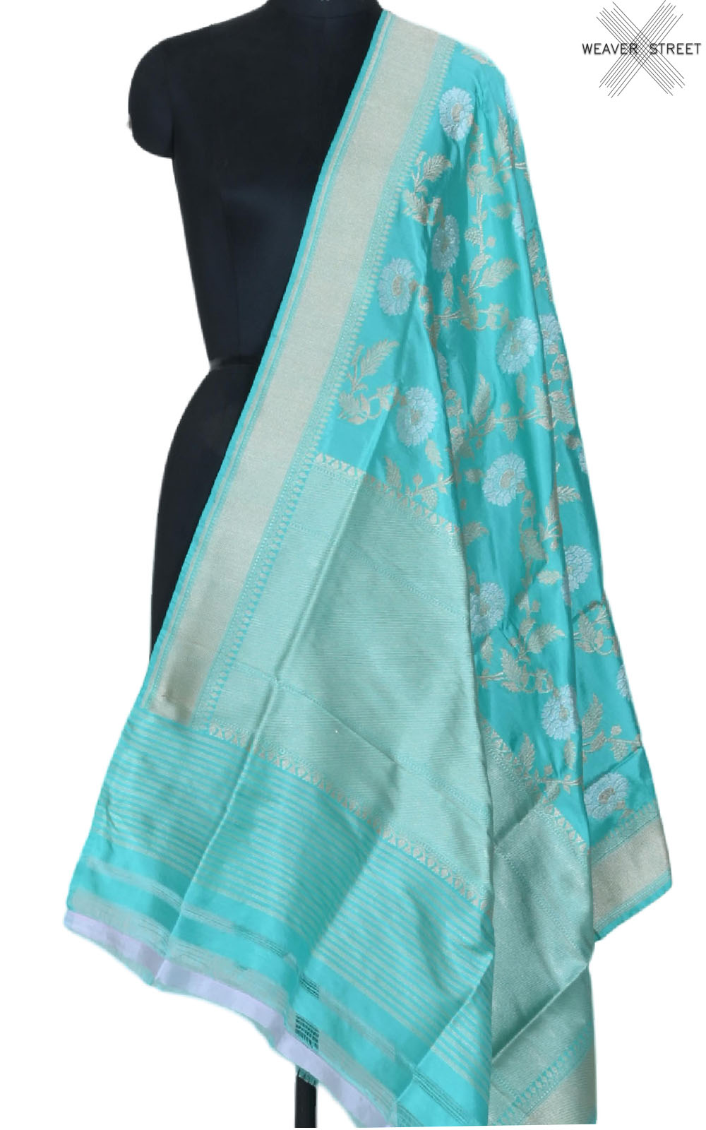 Turquoise Katan silk handwoven ektara Banarasi dupatta with sona rupa kadwa jangla (1) main