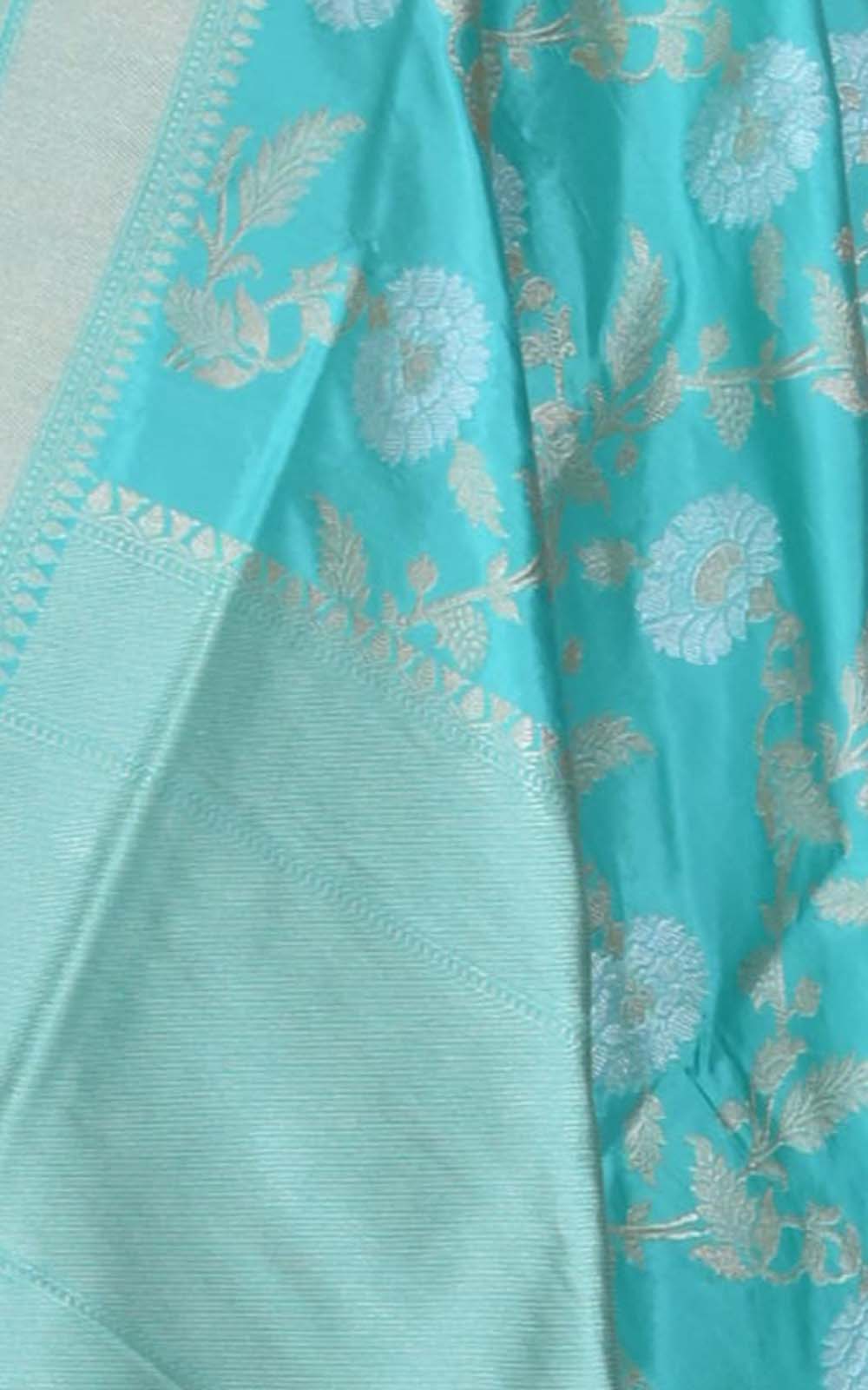 Turquoise Katan silk handwoven ektara Banarasi dupatta with sona rupa kadwa jangla (2) closeup