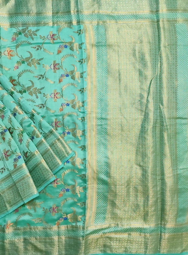 Turquoise Muga Chiniya silk Banarasi saree with meenedar floral jaal (1) Main