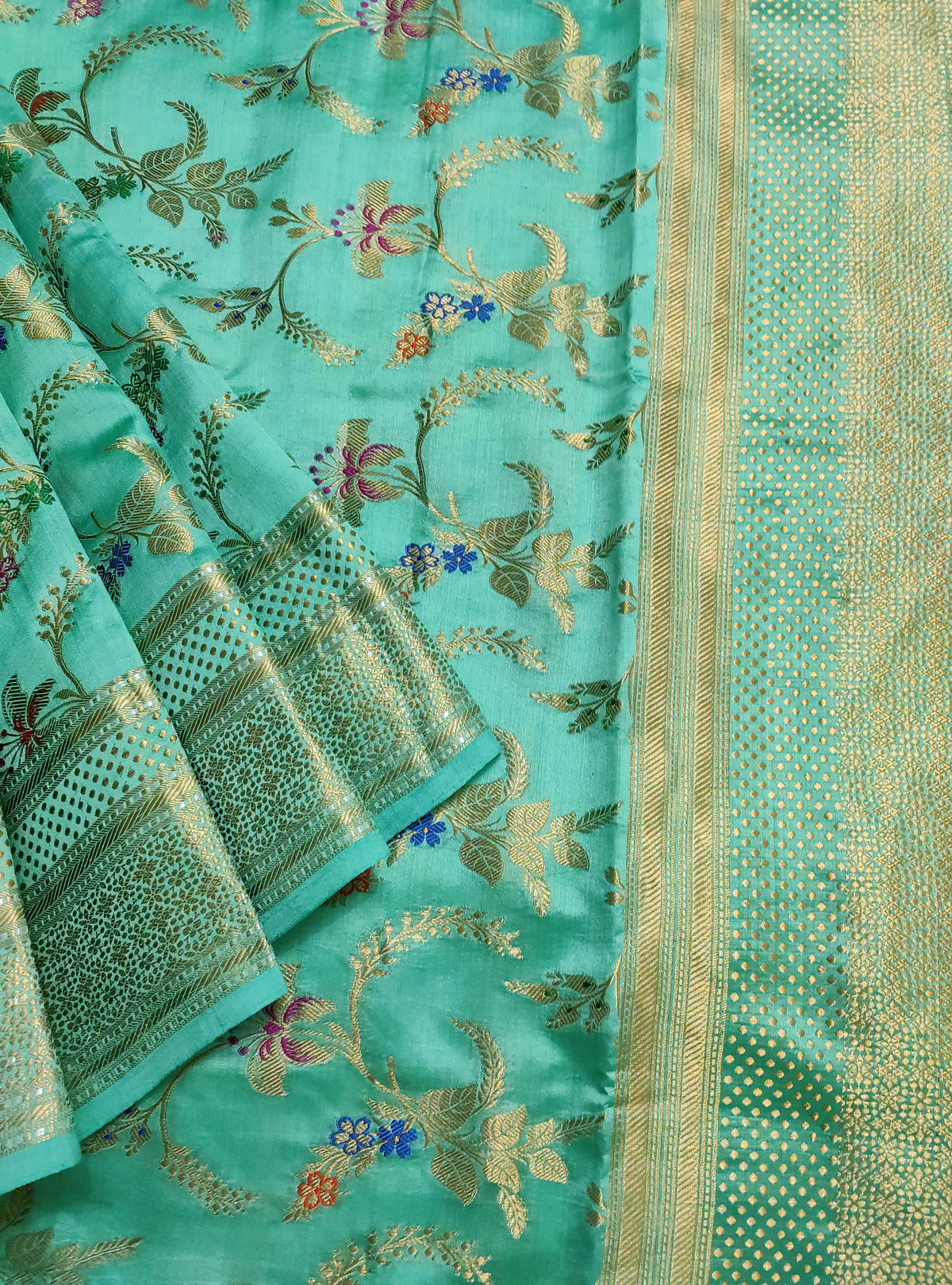 Turquoise Muga Chiniya silk Banarasi saree with meenedar floral jaal (2) Close up