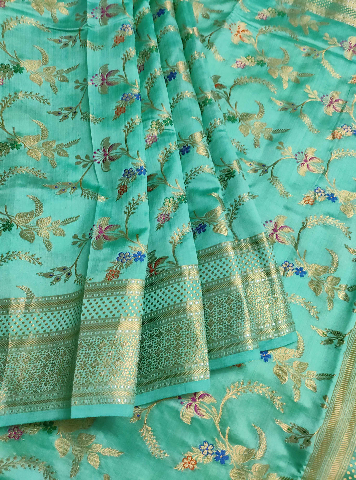 Turquoise Muga Chiniya silk Banarasi saree with meenedar floral jaal (3) Front