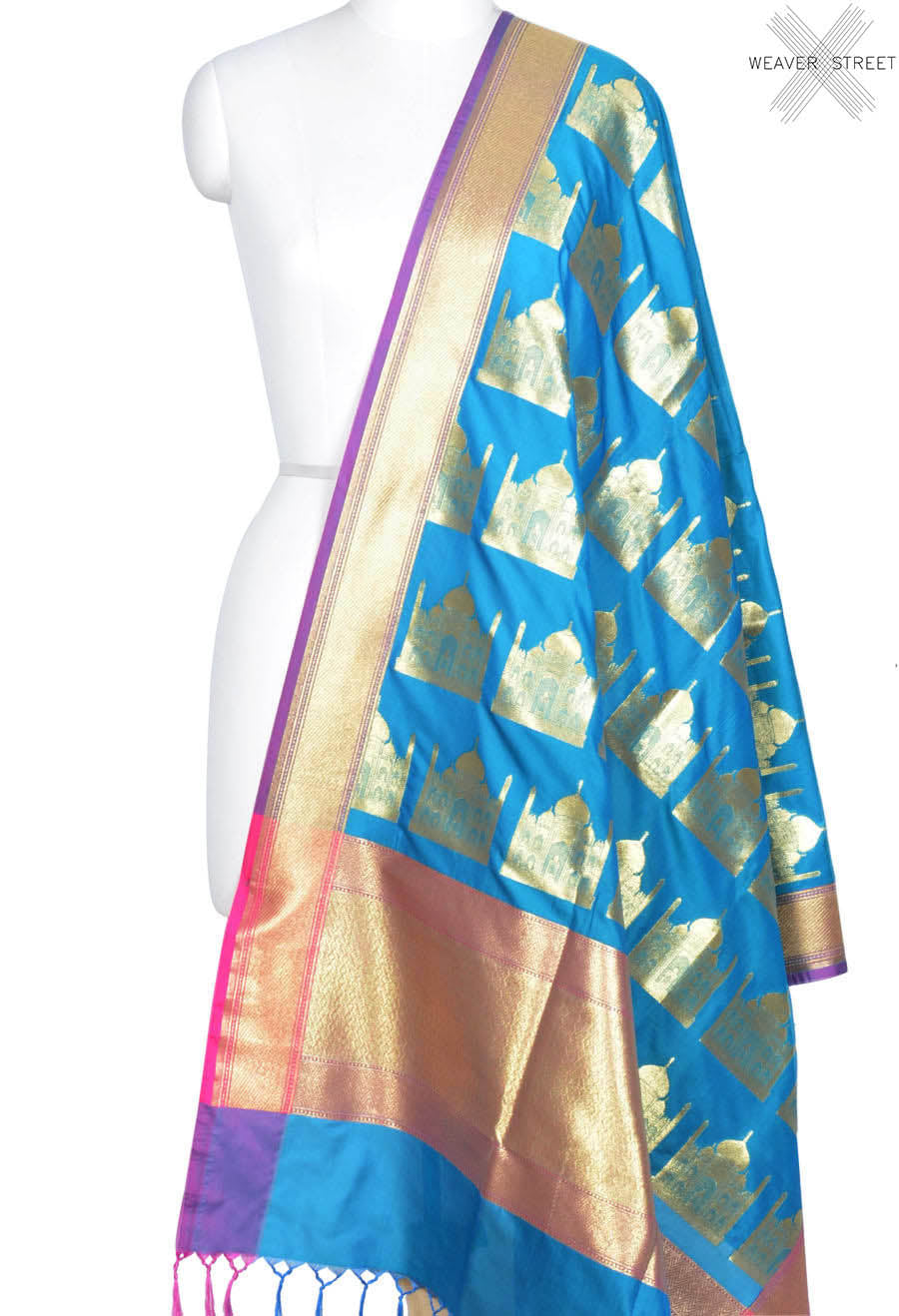 Turquoise art silk Banarasi dupatta with Taj mahal motifs (1) Main