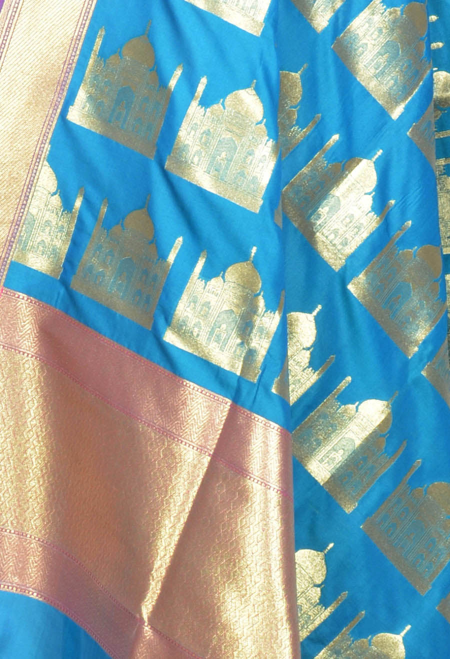 Turquoise art silk Banarasi dupatta with Taj mahal motifs (2) Close up