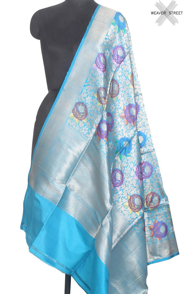 Turquoise katan silk handwoven Banarasi dupatta with multi color floral brocade (1) main