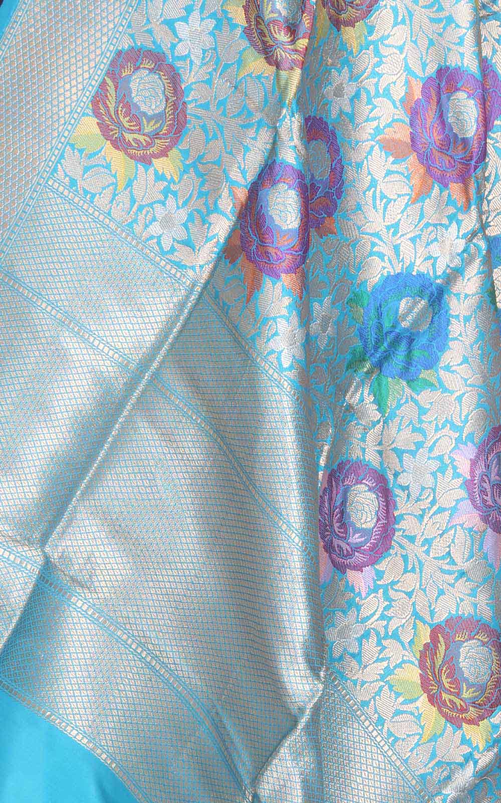 Turquoise katan silk handwoven Banarasi dupatta with multi color floral brocade (2) closeup