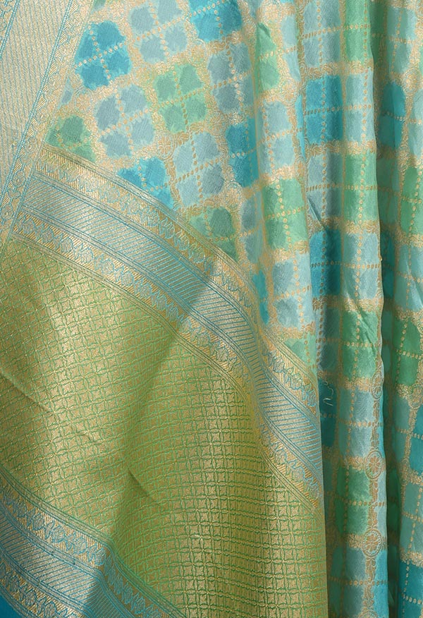 Turquoise khaddi georgette Banarasi dupatta with rang kaat (2) Close up