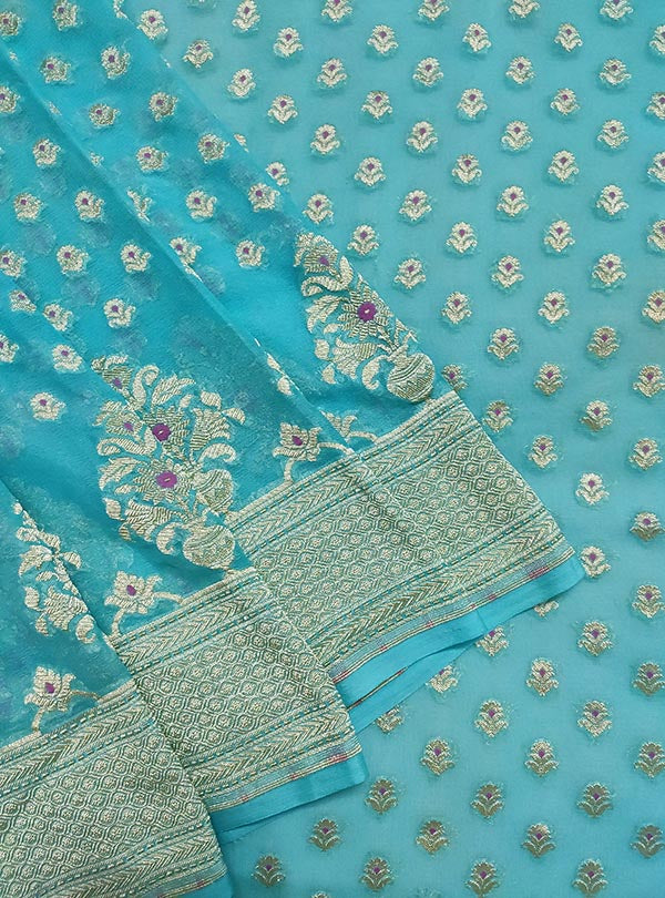 Turquoise khaddi georgette Banarasi saree with meenedar mini flower booti (2) CLOSE UP