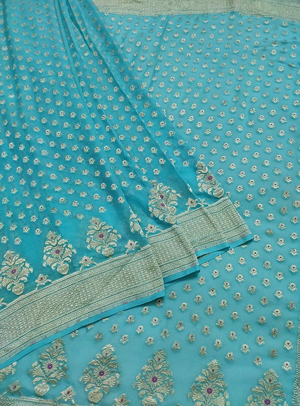 Turquoise khaddi georgette Banarasi saree with meenedar mini flower booti (3) center