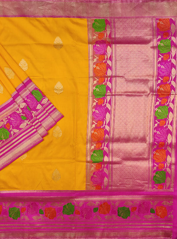Yellow Katan silk Banarasi saree with kadwa lotus flower buta (1) main