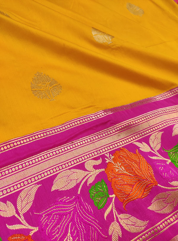 Yellow Katan silk Banarasi saree with kadwa lotus flower buta (2) zoom