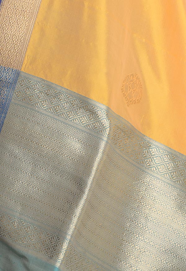 Yellow Katan silk handwoven Banarasi dupatta with elegant buta (2) Close up