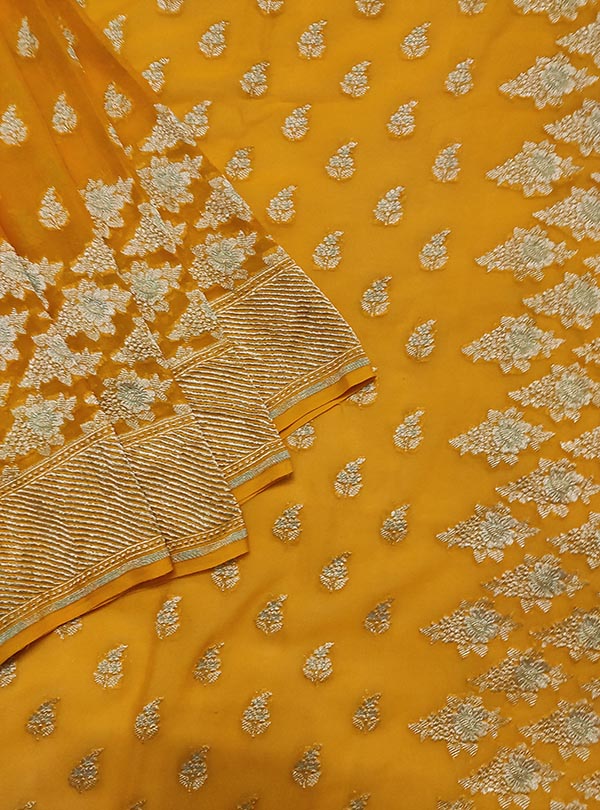 Yellow Khaddi georgette Banarasi saree with mini flower booti (2) close up