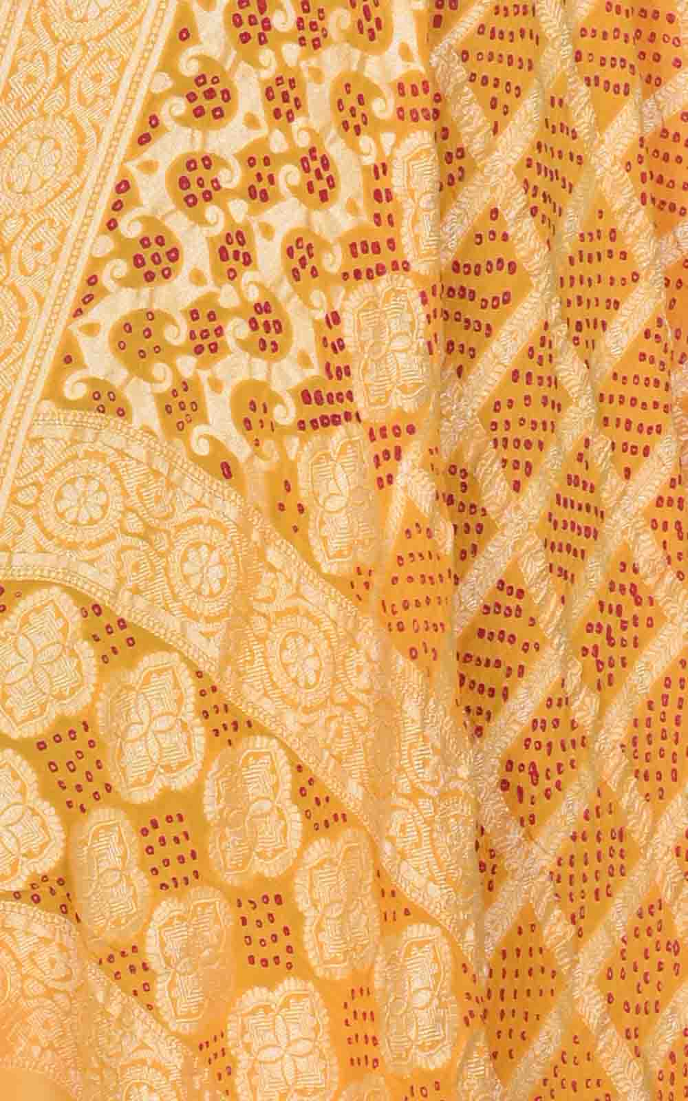 Yellow Khaddi georgette Bandhani dupatta with square jaal (2) closeup