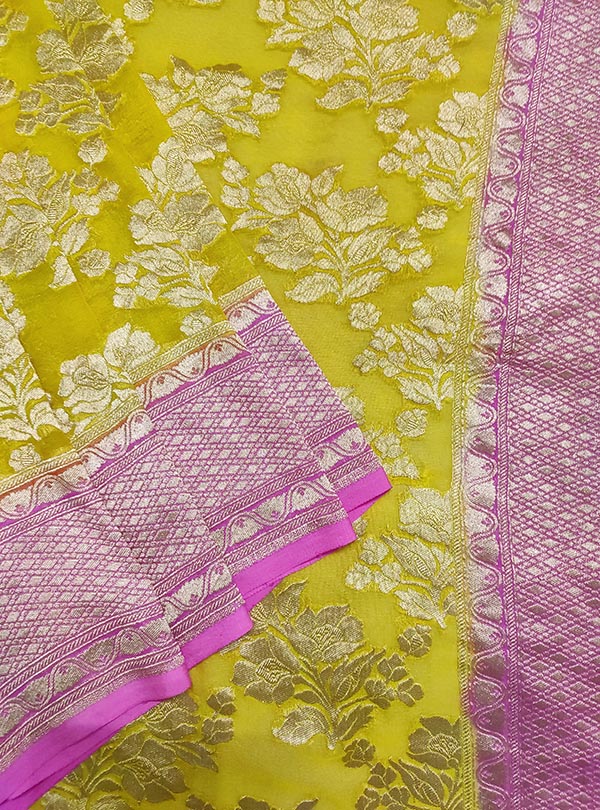 Yellow Khaddi georgette handwoven Banarasi saree with flower boota jaal (2) close up