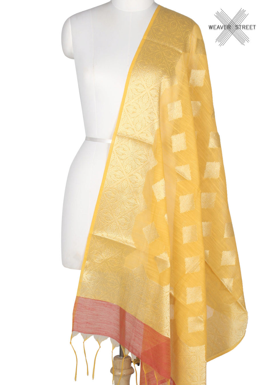 Yellow Art Silk Cotton Banarasi Dupatta with diamond shape floral motifs (1) Main