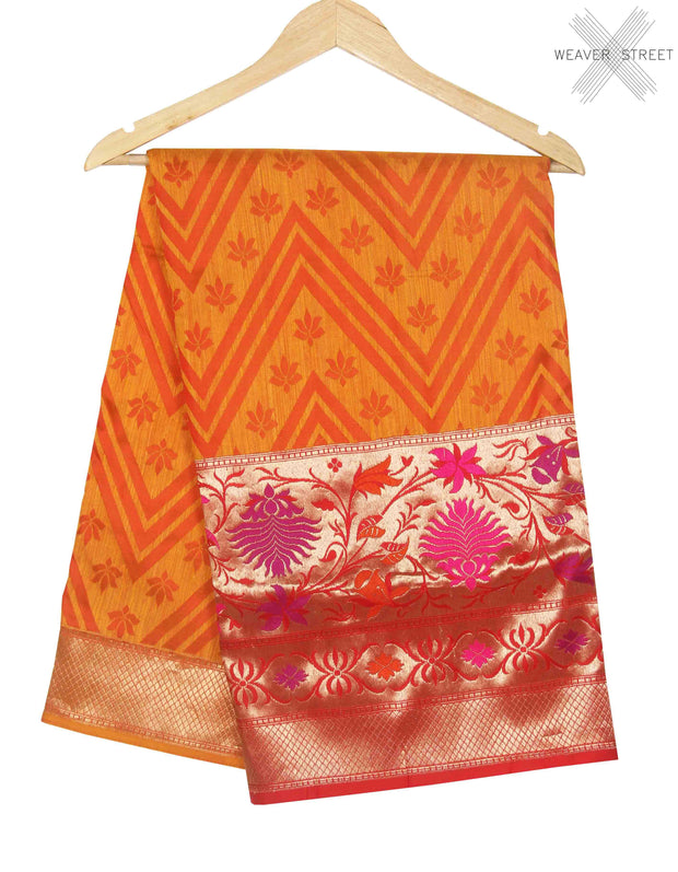 Yellow Dupion silk handwoven Banarasi saree with chevron jaal (1) main