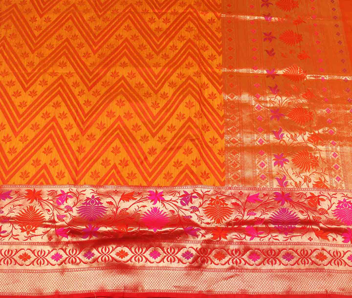 Yellow Dupion silk handwoven Banarasi saree with chevron jaal (2) main