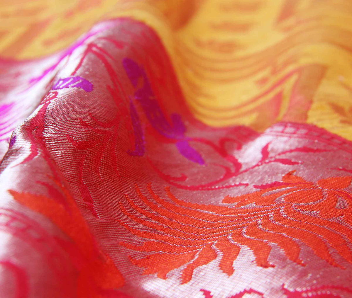 Yellow Dupion silk handwoven Banarasi saree with chevron jaal (3) closeup