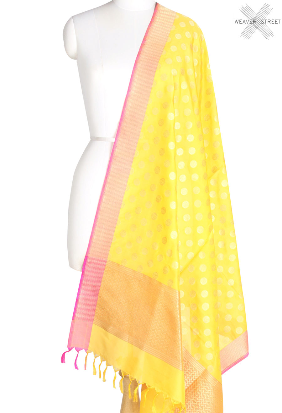 Yellow Katan Silk Banarasi dupatta with round motifs (1) Main
