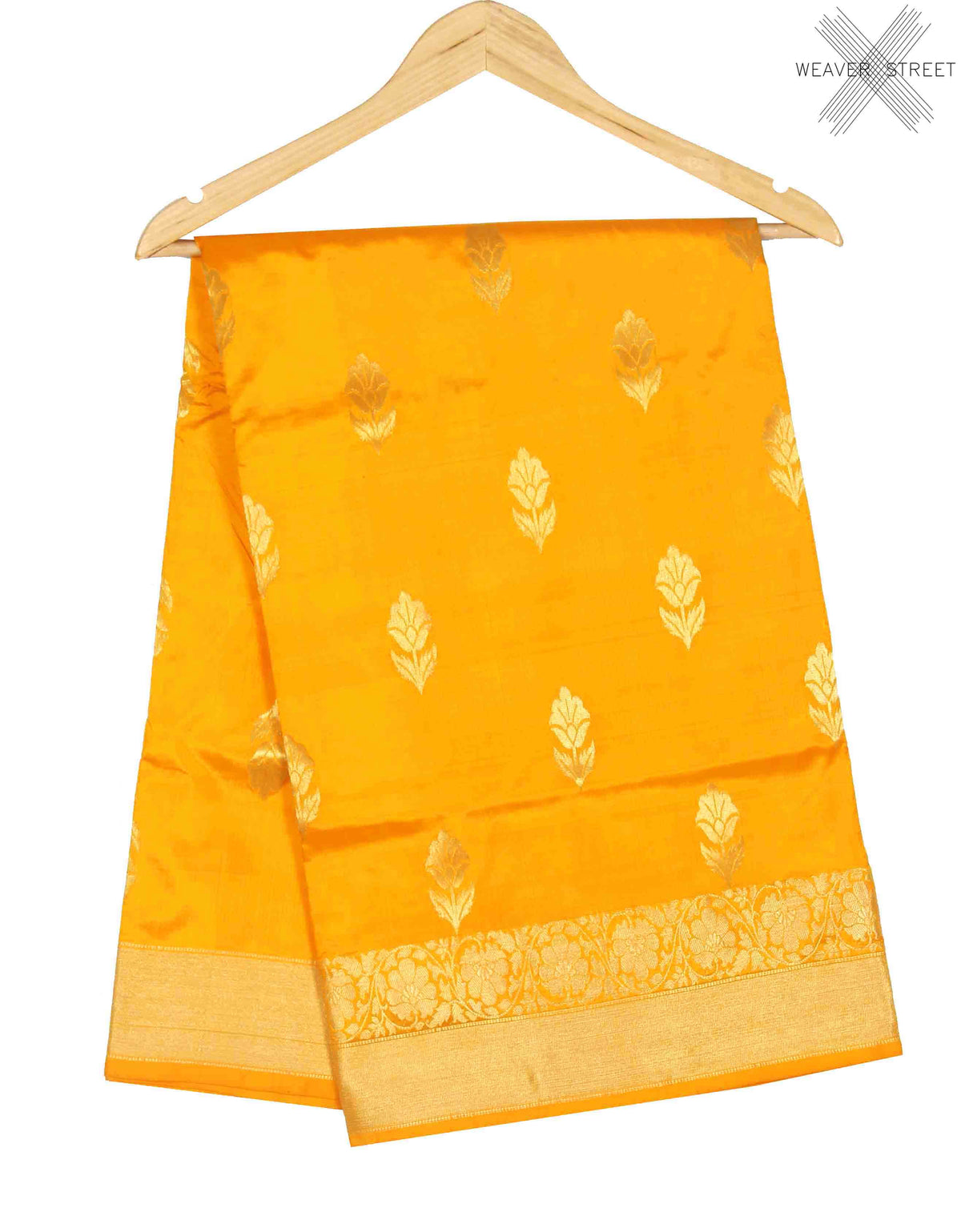 Yellow Katan Silk Handwoven Banarasi saree with flower boota (1) Main