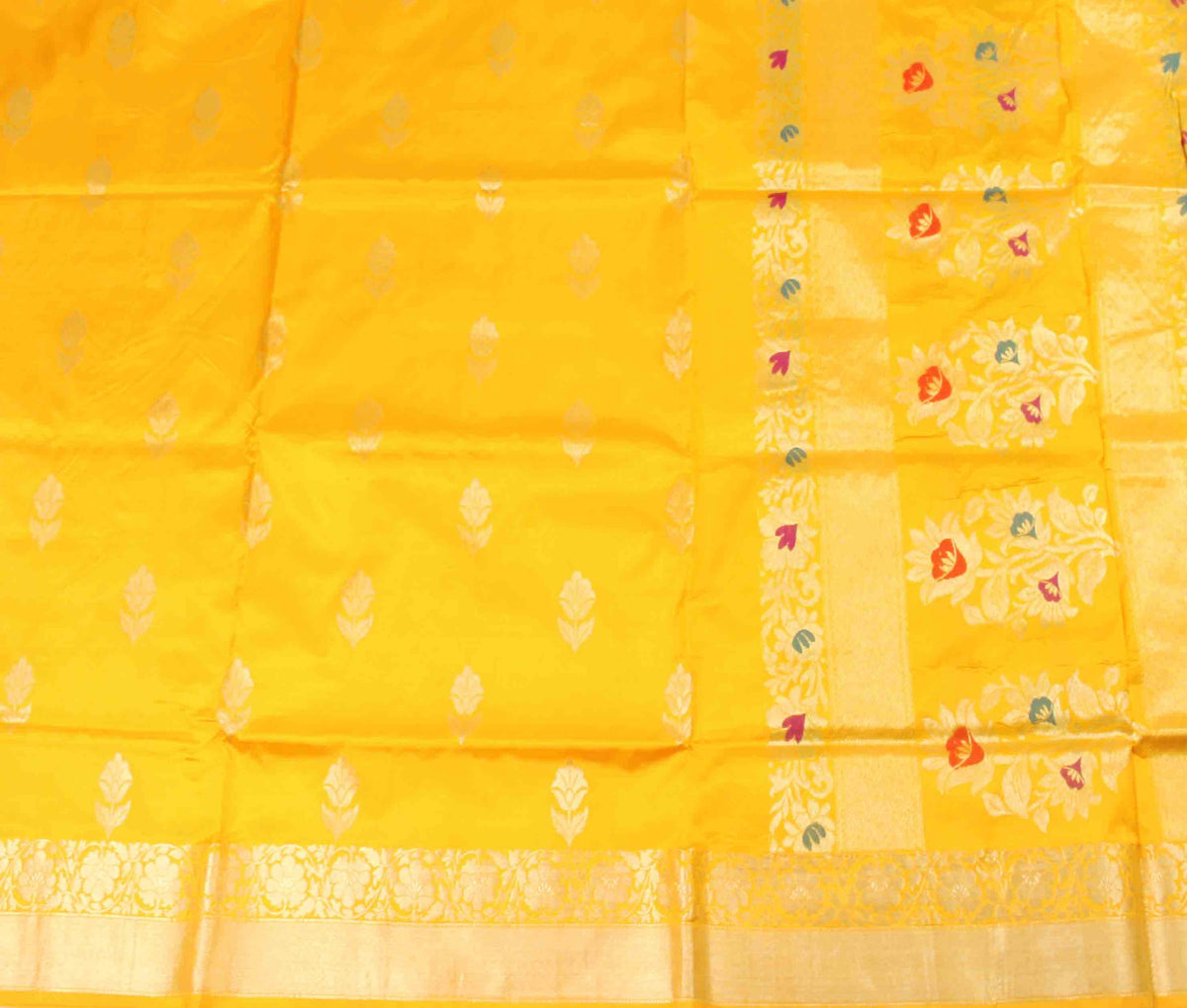 Yellow Katan Silk Handwoven Banarasi saree with flower boota (2) Flat