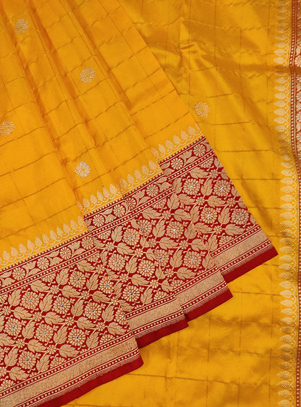 Yellow katan silk Banarasi saree with small flower booti inside grid (2) close up