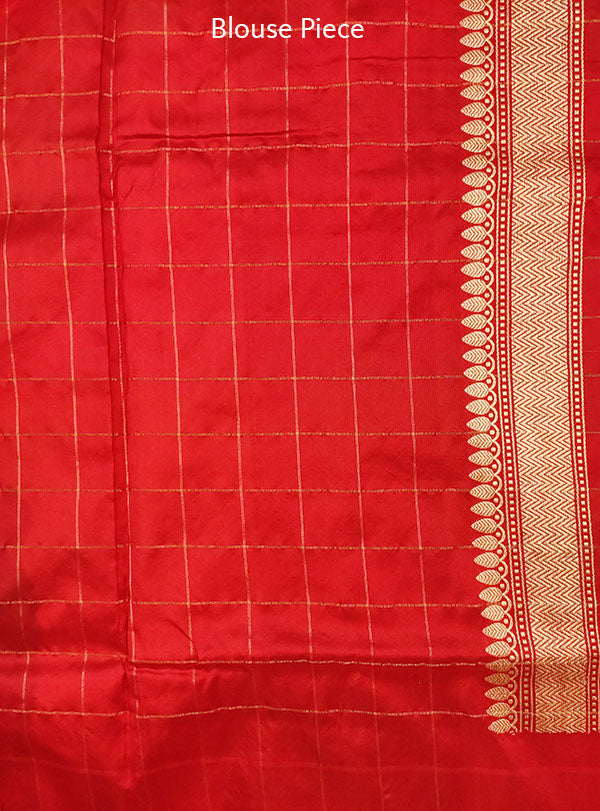 Yellow katan silk Banarasi saree with small flower booti inside grid (5) blouse