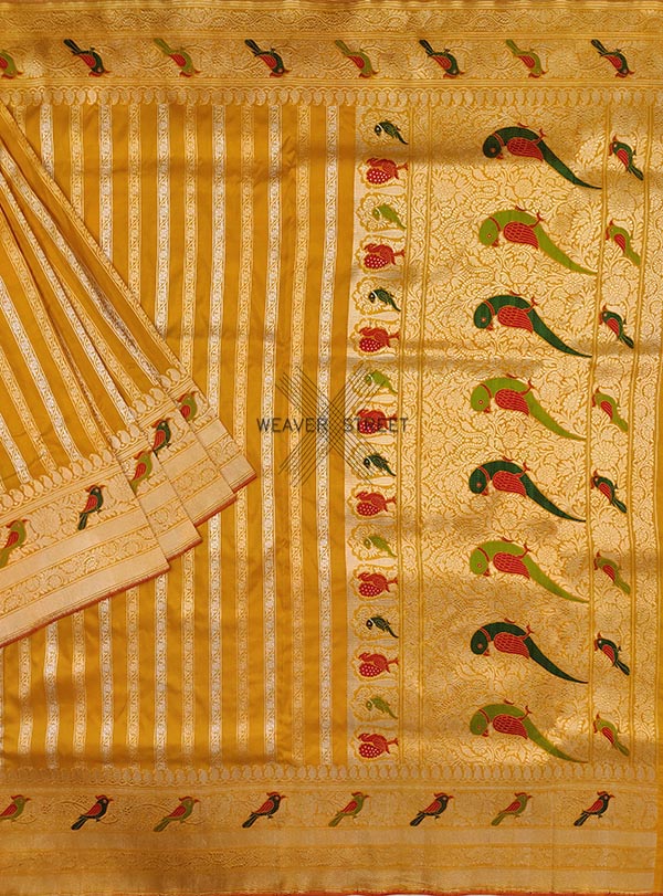 Yellow katan silk handwoven Banarasi saree with meenedar bird border and pallu (1) Main