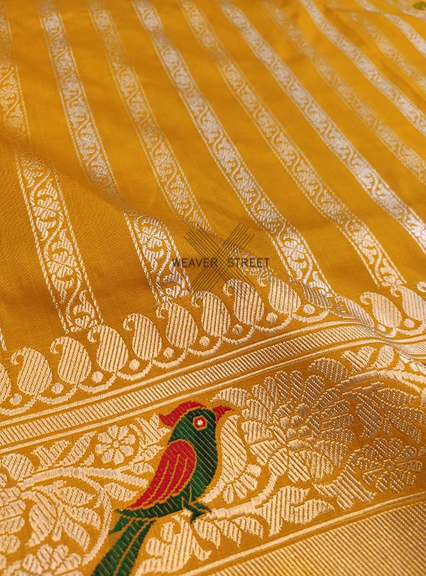 Yellow katan silk handwoven Banarasi saree with meenedar bird border and pallu (2) Zoom