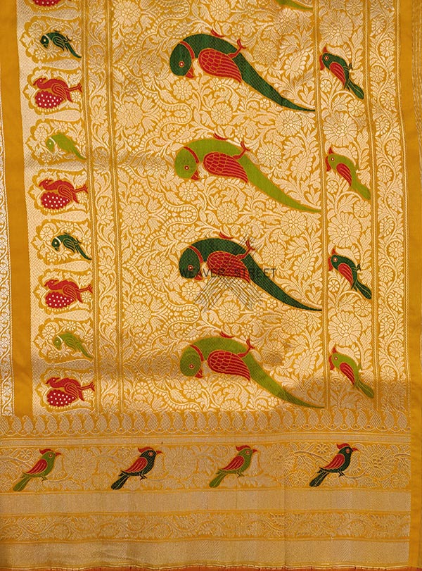 Yellow katan silk handwoven Banarasi saree with meenedar bird border and pallu (5) Pallu