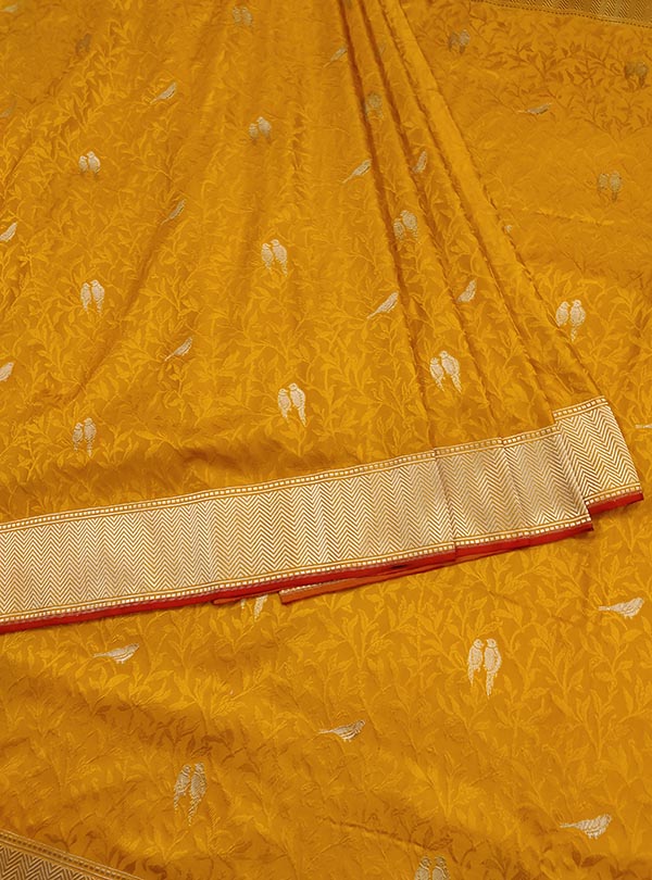 Yellow katan silk tanchoi Banarasi saree with kaduwa woven bird booti (3) center